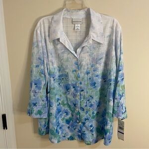 NWT Alfred Dunner Gorgeous Blue & White Floral Button Down Blouse Women’s Sz XL